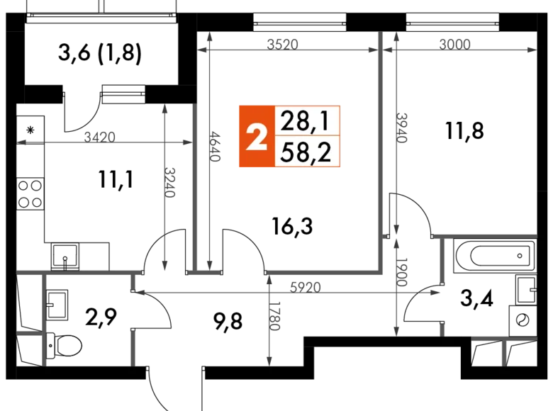 2 room apartment 57 m² Razvilka, Russia