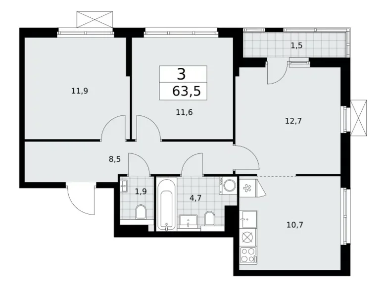 Appartement 3 chambres 64 m² poselenie Sosenskoe, Fédération de Russie