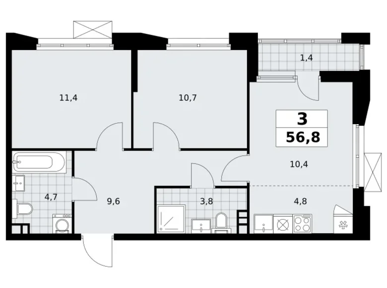 Apartamento 3 habitaciones 57 m² poselenie Sosenskoe, Rusia