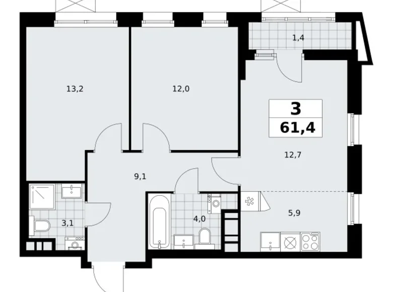 3 room apartment 61 m² poselenie Sosenskoe, Russia