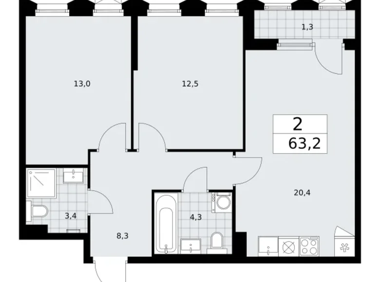 Квартира 2 комнаты 63 м² район Троицк, Россия