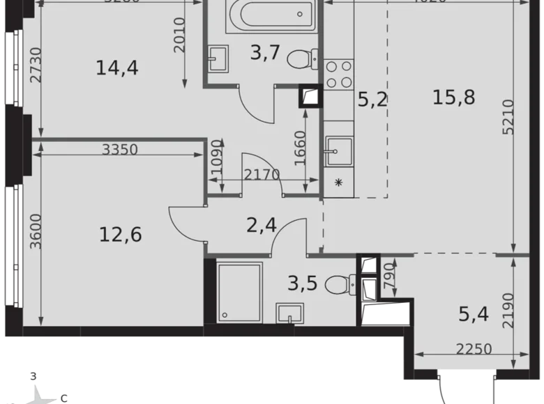 3 room apartment 63 m² Moscow, Russia