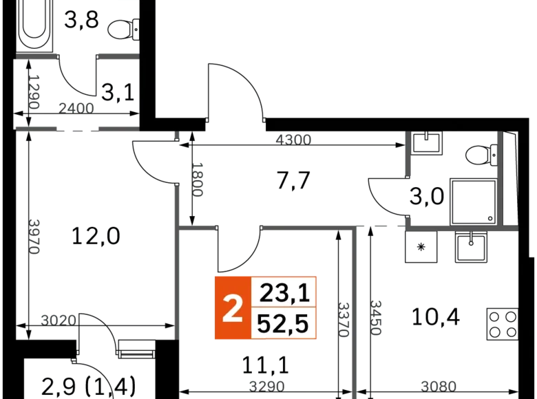 2 room apartment 53 m² Moscow, Russia