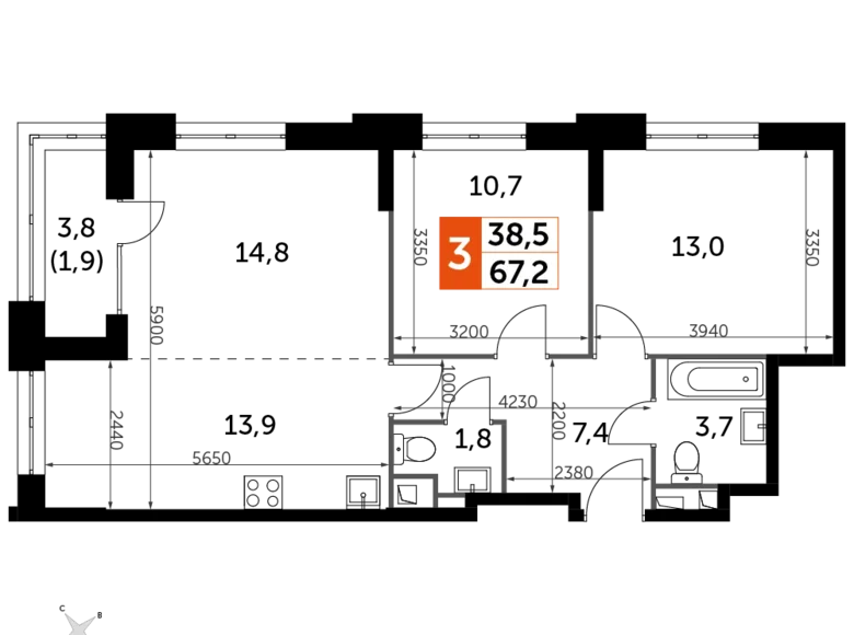 3 room apartment 67 m² North-Western Administrative Okrug, Russia