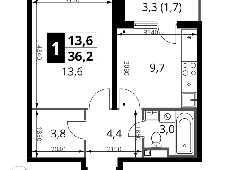 Apartamento 1 habitación 36 m² Potapovo, Rusia