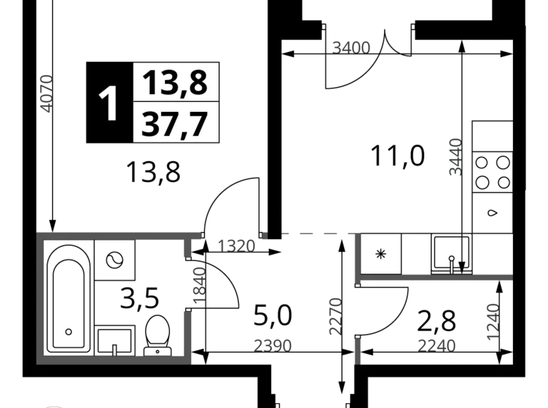 1 room apartment 38 m² Leninsky District, Russia