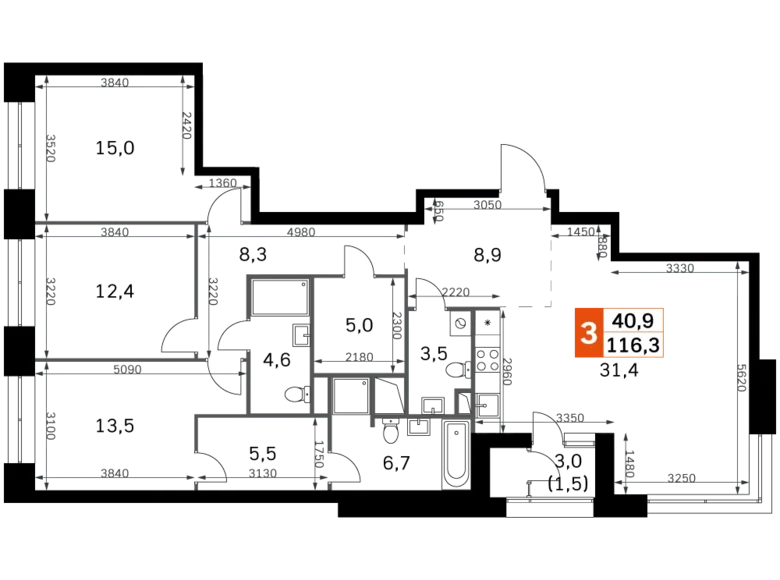 Mieszkanie 4 pokoi 116 m² Moskwa, Rosja