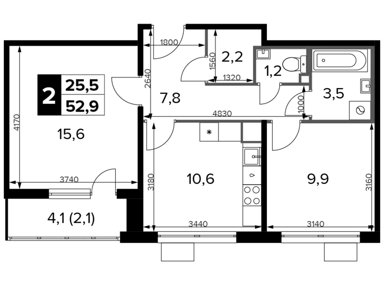 2 room apartment 53 m² Khimki, Russia