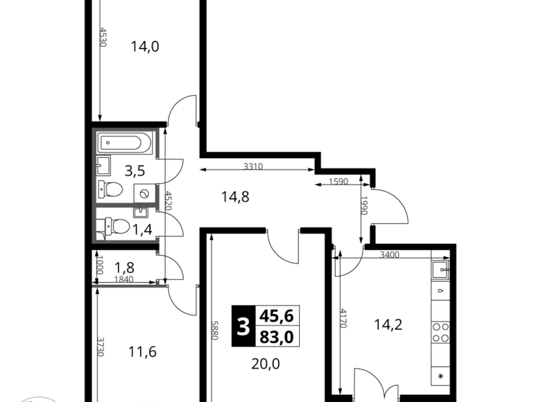 Mieszkanie 3 pokoi 83 m² rejon leniński, Rosja