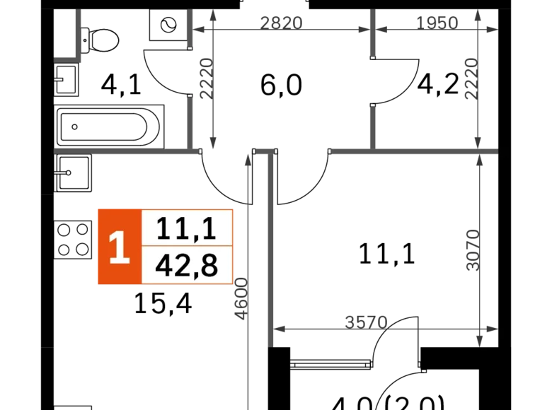 Квартира 1 комната 43 м² Москва, Россия