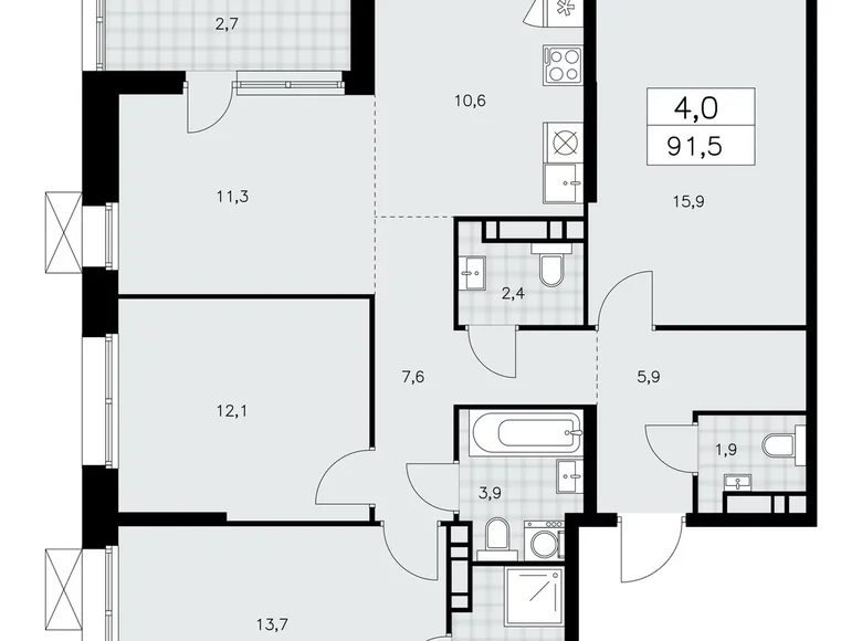 4 room apartment 92 m² poselenie Sosenskoe, Russia