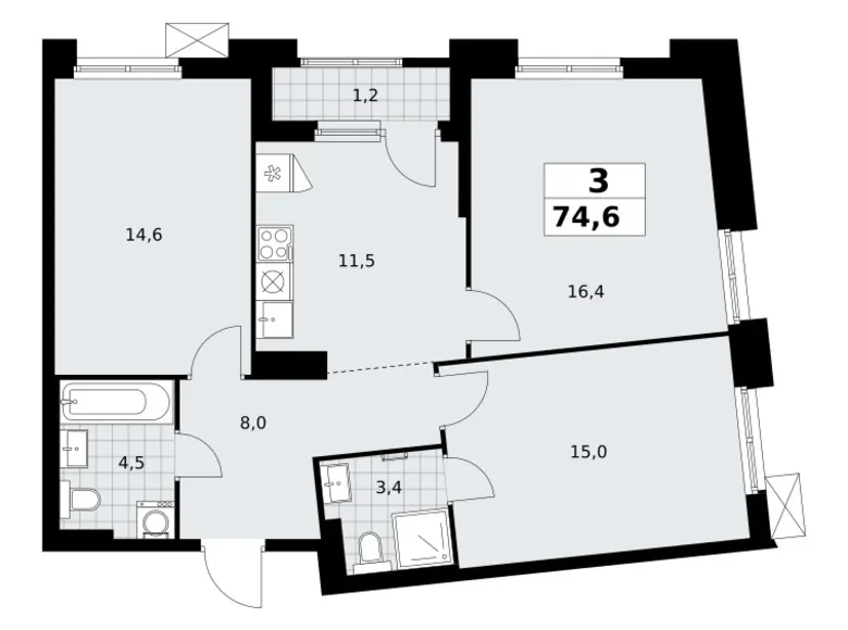 Квартира 3 комнаты 75 м² район Троицк, Россия