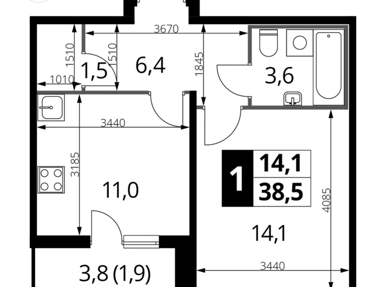 Квартира 1 комната 38 м² район Некрасовка, Россия