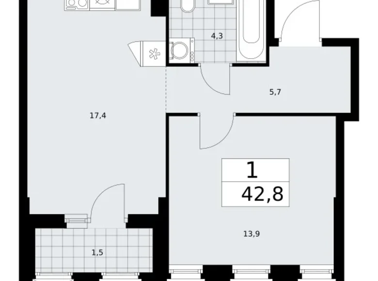 Квартира 1 комната 43 м² район Троицк, Россия