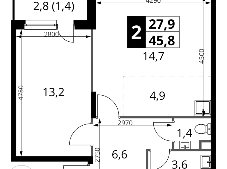 Appartement 2 chambres 46 m² Potapovo, Fédération de Russie