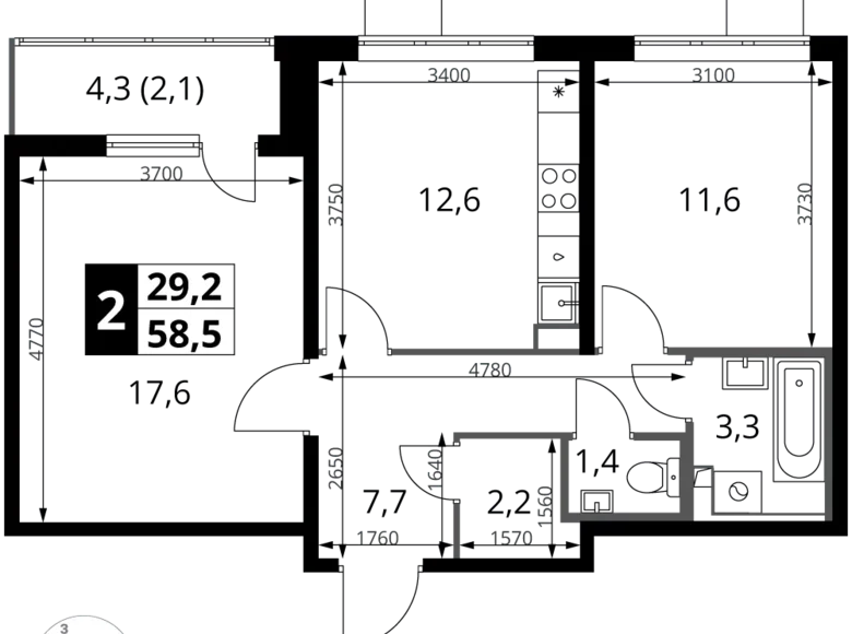 Квартира 2 комнаты 59 м² Ленинский район, Россия