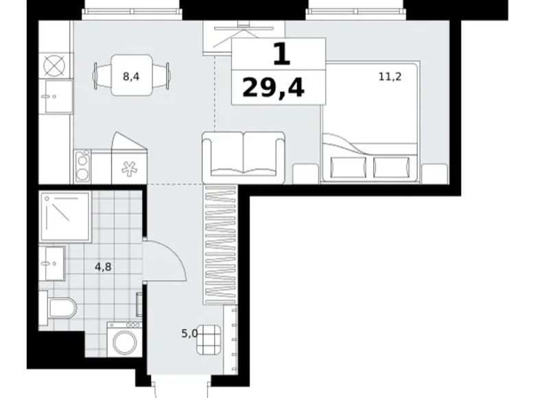 1 room apartment 29 m² Kommunarka, Russia