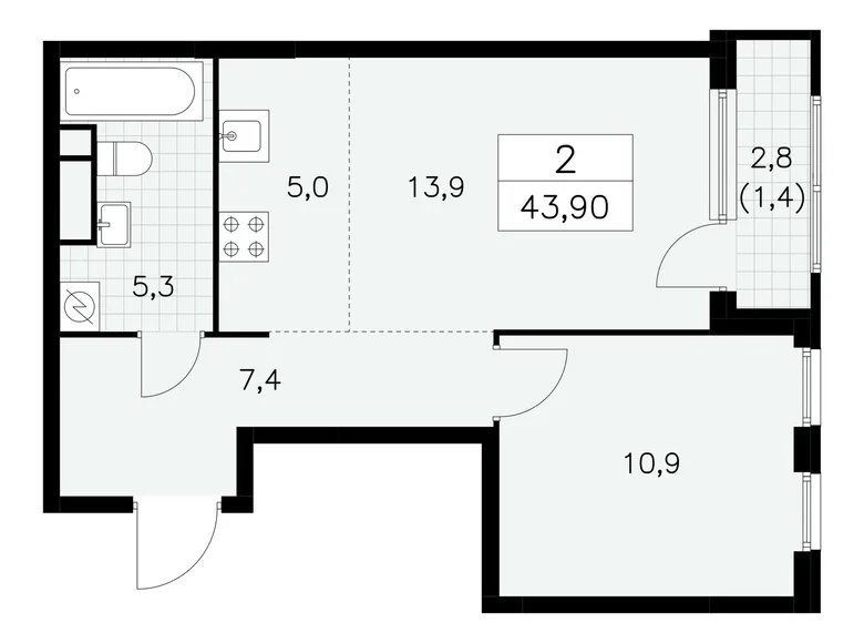 2 room apartment 44 m² South-Western Administrative Okrug, Russia