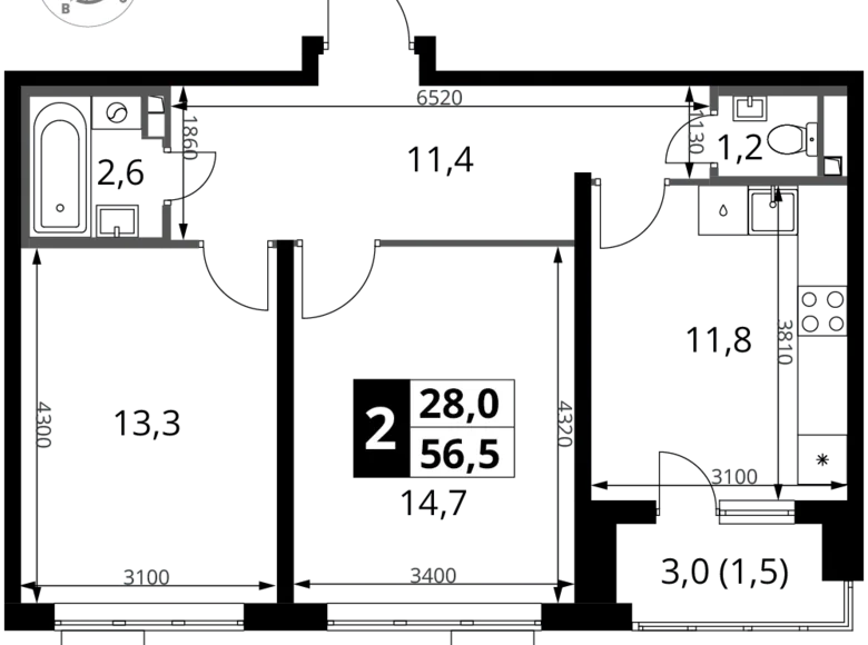 2 room apartment 57 m² Potapovo, Russia