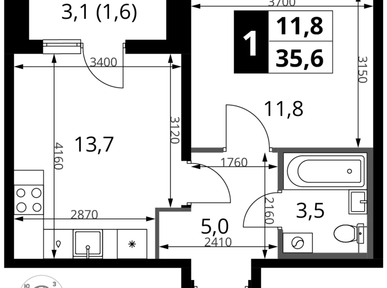 1 room apartment 36 m² Khimki, Russia