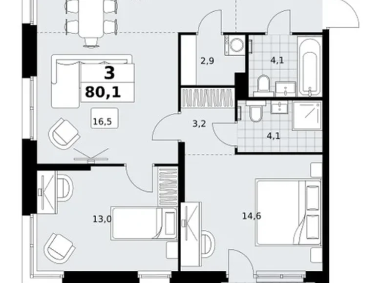 3 room apartment 80 m² Kommunarka, Russia