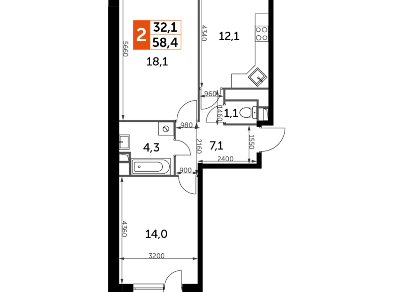 Wohnung 2 zimmer 58 m² Veshki, Russland