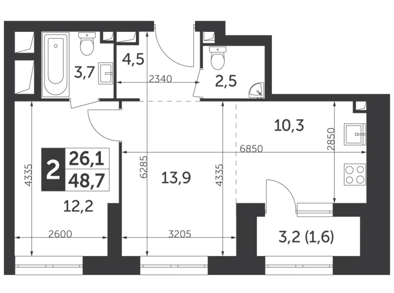 2 room apartment 49 m² North-Eastern Administrative Okrug, Russia