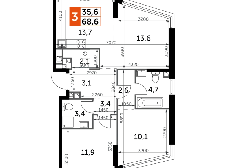 Квартира 3 комнаты 69 м² Москва, Россия