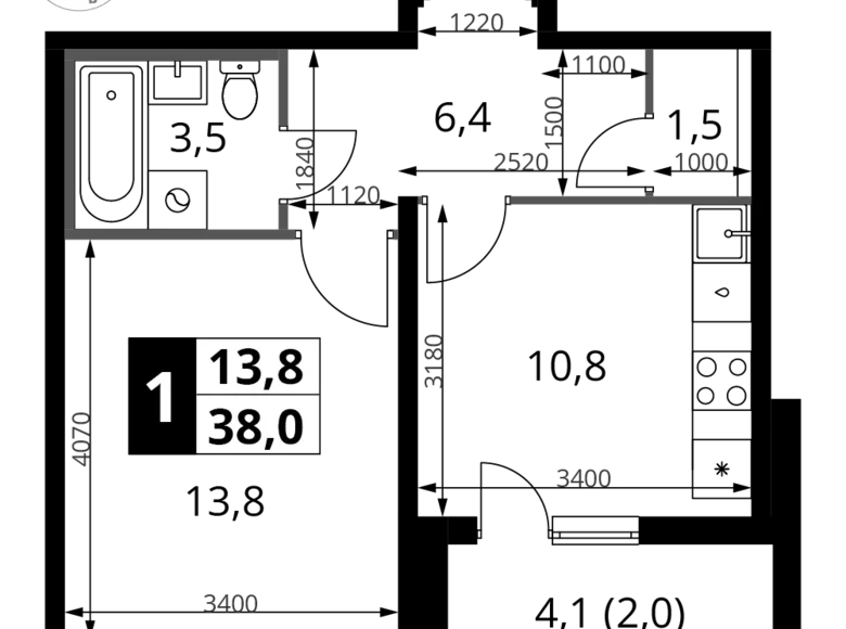 Квартира 1 комната 38 м² Ленинский район, Россия