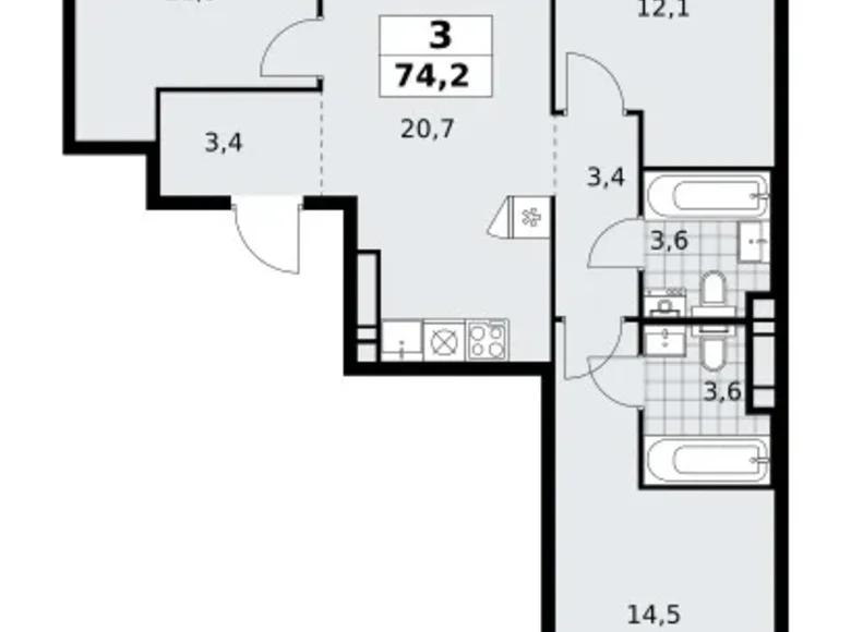 3 room apartment 74 m² poselenie Sosenskoe, Russia