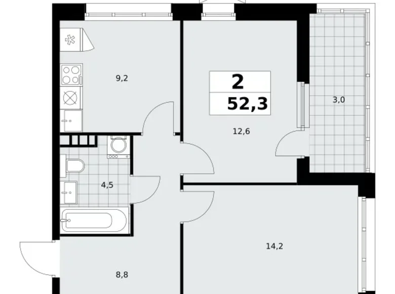 2 room apartment 52 m² Moscow, Russia