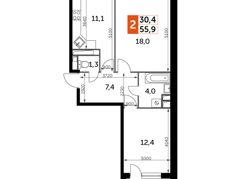 Wohnung 2 zimmer 56 m² Veshki, Russland