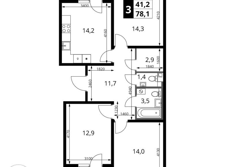 3 room apartment 78 m² Khimki, Russia