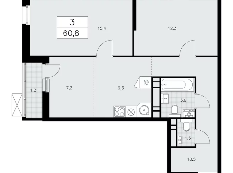 3 room apartment 61 m² Moscow, Russia