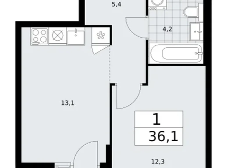 Квартира 1 комната 36 м² район Троицк, Россия