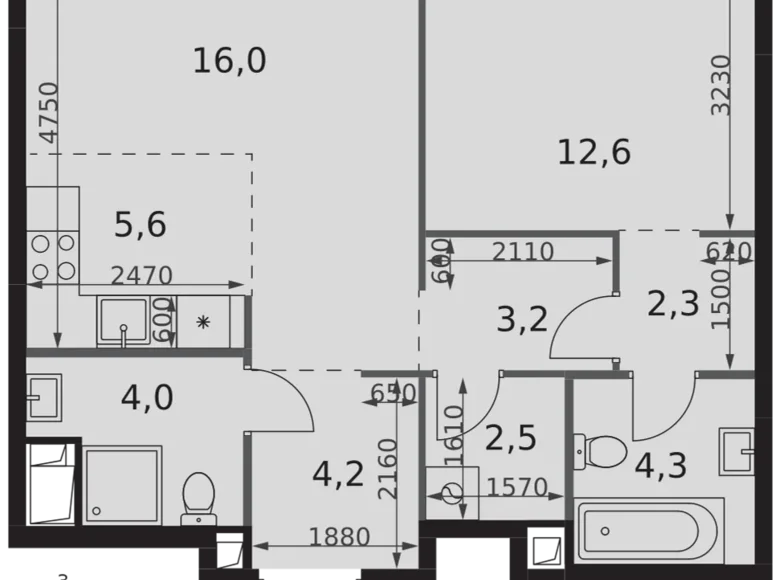 2 room apartment 55 m² Moscow, Russia