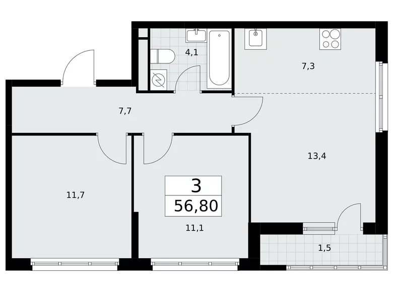 Appartement 3 chambres 57 m² Postnikovo, Fédération de Russie
