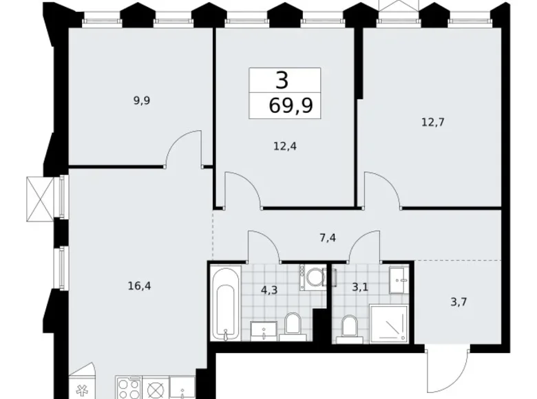 Mieszkanie 3 pokoi 70 m² Troick, Rosja