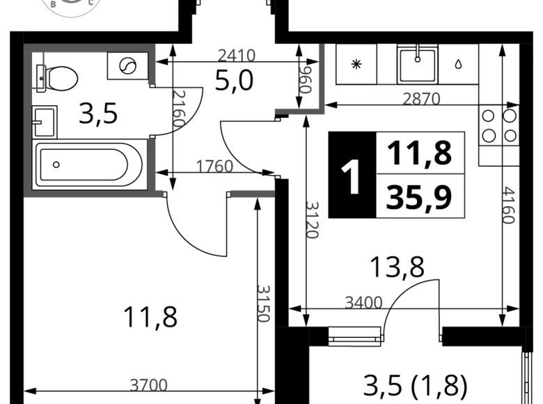 1 room apartment 36 m² Khimki, Russia