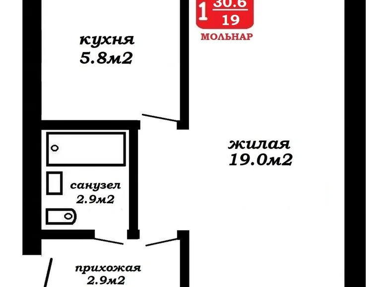 1 room apartment 31 m² Minsk, Belarus