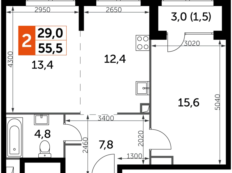 Mieszkanie 2 pokoi 56 m² North-Western Administrative Okrug, Rosja