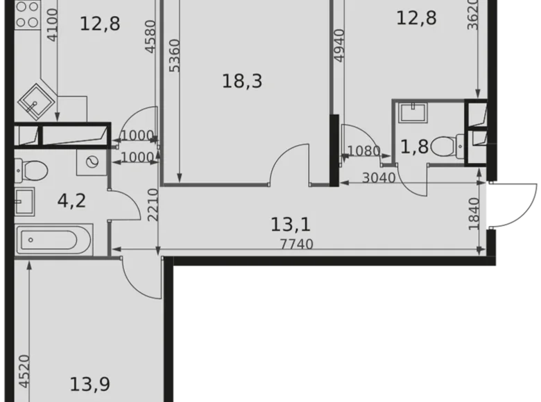 3 room apartment 77 m² Moscow, Russia