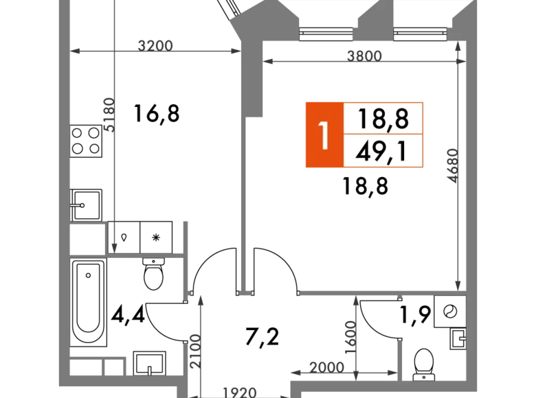 Mieszkanie 1 pokój 49 m² Konkovo District, Rosja