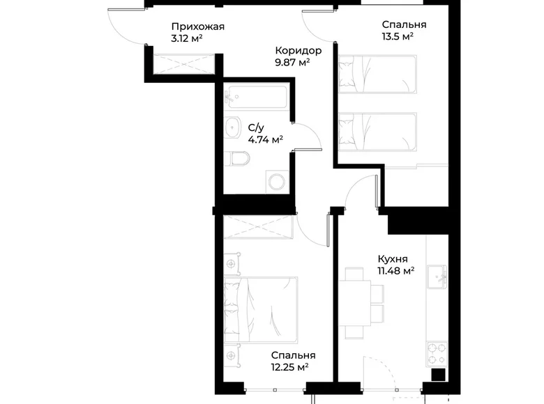 Квартира 2 комнаты 56 м² Ташкент, Узбекистан