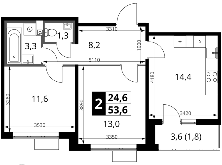 Mieszkanie 2 pokoi 54 m² rejon leniński, Rosja