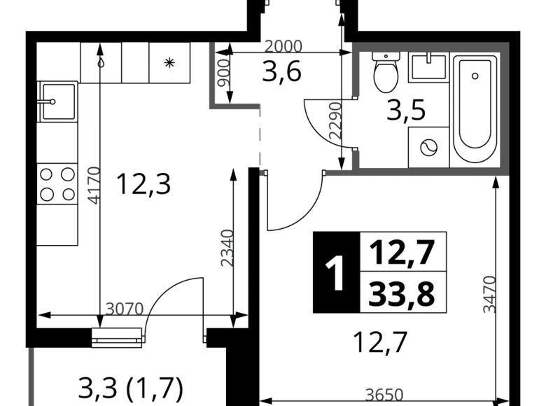 Квартира 1 комната 34 м² Ленинский район, Россия