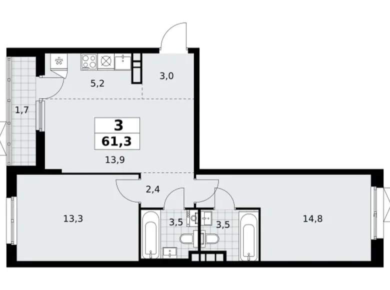 Appartement 3 chambres 61 m² poselenie Sosenskoe, Fédération de Russie