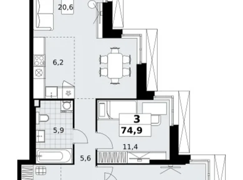 3 room apartment 75 m² Kommunarka, Russia