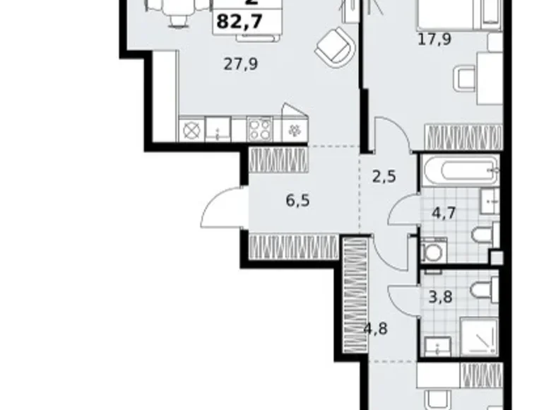 2 room apartment 83 m² Kommunarka, Russia