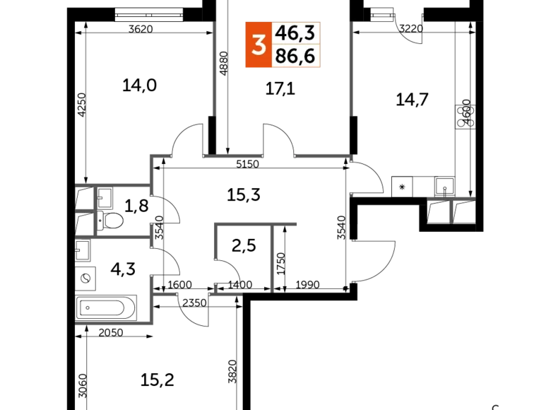 Квартира 3 комнаты 87 м² Развилка, Россия